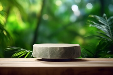 Poster - Wooden small podium with tropical leaves on blurred and close-up background