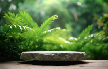 Poster - Empty stone round platform over blurred tropical garden background, product display