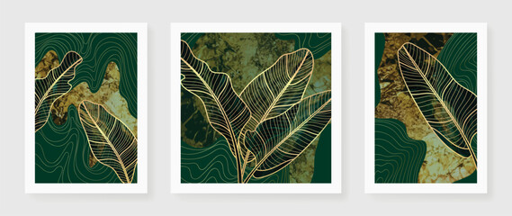 luxury gold wall art wallpaper. watercolor dark green and gold foil background. banana leaf wall art