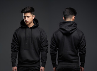 Front and back view of a black hoodie mockup for design print