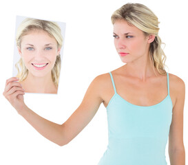 Sticker - Digital png photo of angry caucasian woman holding portrait on transparent background