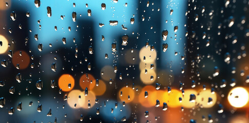 Glass background with raindrops and urban lights