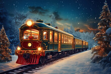 Retro Steam Train Decorated With Christmas Lights Riding Throught Snowy Forest, Ai Generated