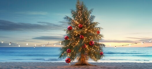 Palm tree with Christmas lights and ornaments against a tropical beach backdrop. Concept of festive celebration by the ocean.