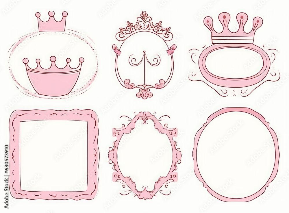 Set of cute doodle mirrors. Princess element of design. Pink frames ...