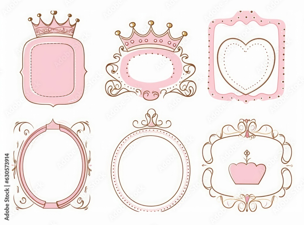 Set of cute doodle mirrors. Princess element of design. Pink frames ...