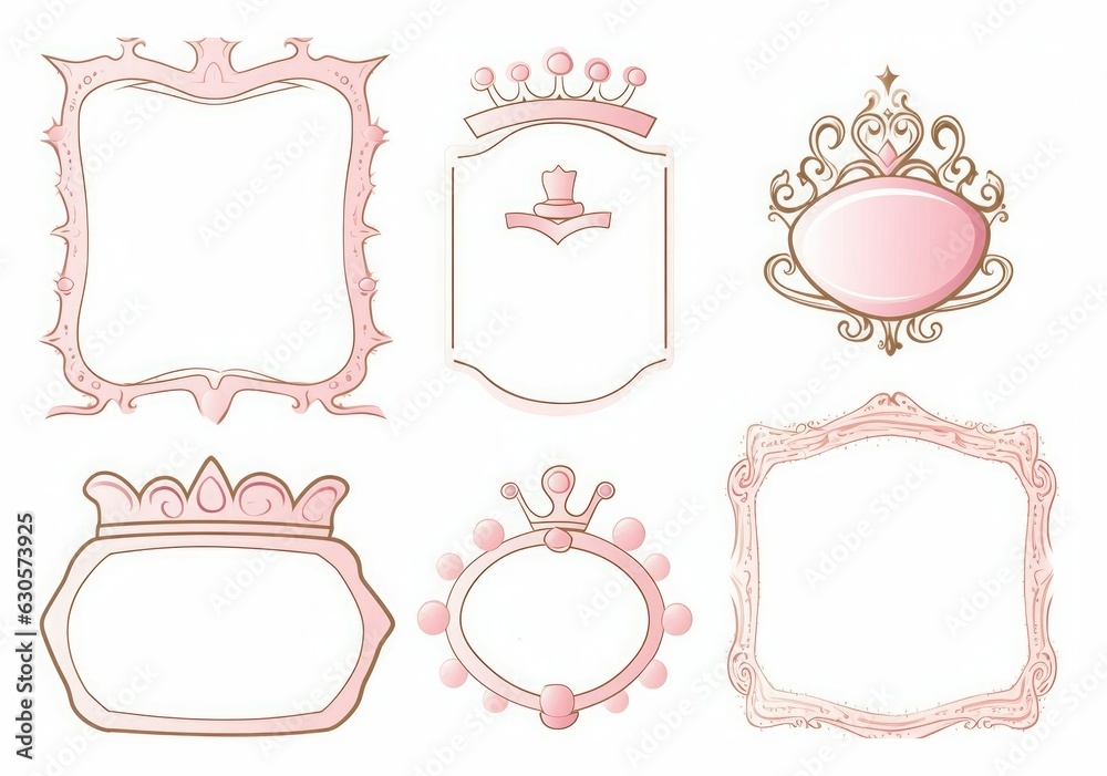 Set of cute doodle mirrors. Princess element of design. Pink frames ...