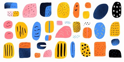 Colorful trendy abstract geometric shape set with modern doodles and bright paint texture. Collage drawing style shapes collection on isolated background, Generative AI