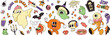 Happy Halloween day 70s groovy vector. Collection of ghost characters, doodle smile face, skull, pumpkin, bat, knife, ice cream, spider. Cute retro groovy hippie design for decorative, sticker.