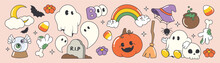 Happy Halloween Day 70s Groovy Vector. Collection Of Ghost Characters, Doodle Smile Face, Skull, Pumpkin, Bat, Moon, Bone, Broom, Grave. Cute Retro Groovy Hippie Design For Decorative, Sticker.