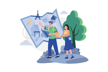 Wall Mural - Couple planning a trip on the map