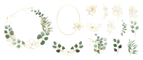 Wall Mural - Luxury botanical gold wedding frame elements collection. Set of circle, glitters, leaf branches, flower, eucalyptus. Elegant foliage design for wedding, card, invitation, greeting.
