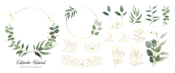 Wall Mural - Luxury botanical gold wedding frame elements collection. Set of circle, polygon, glitters, leaf branches, flower, eucalyptus. Elegant foliage design for wedding, card, invitation, greeting.