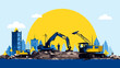 AI generated, vector illustration, view of Construction site with heavy equipment, concept of rebuilding Ukraine after the war. Debris is present after the war. Building new skyscrapers and houses. Il