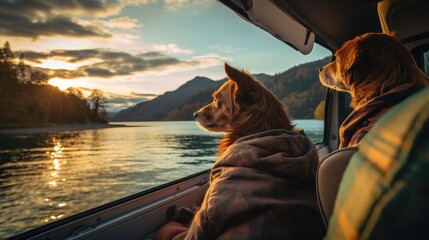 Wall Mural - two dog in van ith mountain and lakes view. sunlight and bokeh. enjoying the view. they are best friend. 