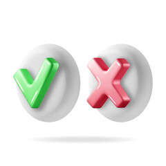 Poster - 3D Right and Wrong Button Shape. Green Yes and Red No Correct Incorrect Sign. Checkmark Tick Rejection, Cancel, Error, Stop, Negative, Agreement Approval or Trust Symbol. Vector Illustration