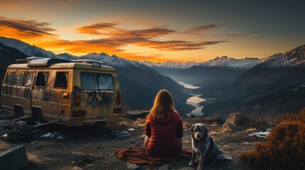 Wall Mural - Female tourists sit in a van with dog, with mountain and lakes view. sunlight and bokeh.
