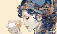 The Whimsical Illustration Depicted A Girl With A Cup Of Tea, Lost In Her Thoughts.
