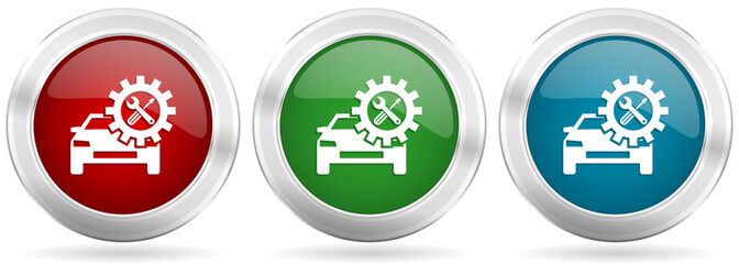Leinwandbilder - Car repair vector icon set. Red, blue and green silver metallic web buttons with chrome border