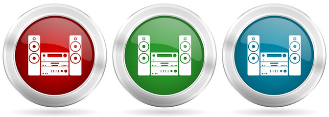 Aufkleber - Music, stereo equipment vector icon set. Red, blue and green silver metallic web buttons with chrome border
