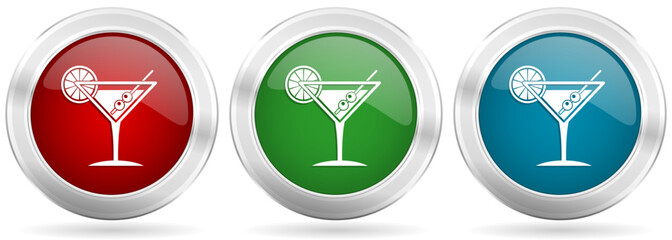 Fototapete - Tropical drink, alcohol, bar, martini in glass vector icon set. Red, blue and green silver metallic web buttons with chrome border