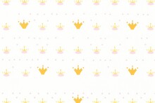 Seamless Pattern In Retro Style With A Gold Crown And Pink Polka Dots On White Background. Cute Wallpaper For Little Princesses, Generative AI