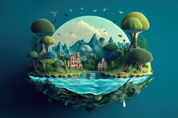 Wall Mural - Paper art and digital craft style , World Green ecology City and Environmental friendly , Landscape with eco urban city , Earth day and world , Generative Ai Technology