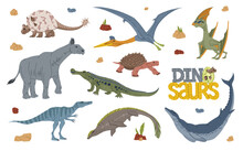 Cartoon Dinosaur Characters With Funny Prehistoric Animals. Vector Baby Dinosaur And Dino Egg With Cute Mosasaurus, Doedicurus, Indricotherium And Baryonyx, Basilosaurus And Sarcosuchus Personages