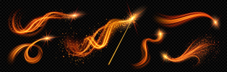 Poster - realistic magic wand with set of orange light vortex effects isolated on transparent background. vec