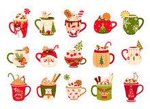Christmas Chocolate And Eggnog Drinks, Winter Holiday Hot Cups, Vector Icons. Christmas Eggnog Or Milk Punch Beverages In Cups And Mugs, Hot Chocolate Drinks For New Year And Xmas Greeting Card