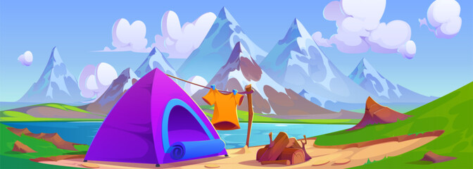 cartoon mountain landscape with camp near lake. vector illustration of tourist tent and campfire, be