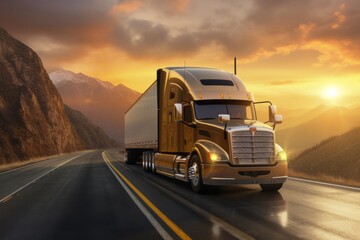 Majestic Sunrise Drive: A Semi Truck Journeying Along the Open Road, Generative AI