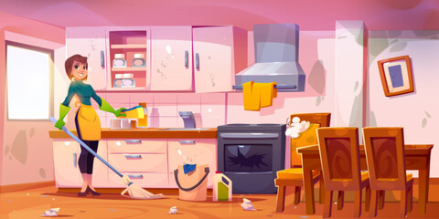 Woman clean house kitchen vector illustration. Housewife wash home dining and cooking room with dirty mold interior. Cute and happy mother or wife character do indoor housework cartoon background