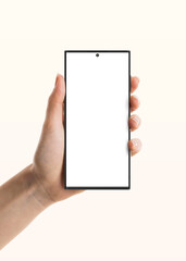 Leinwandbilder - Hand holding premium s23 ultra smartphone screen mockup template with editable background