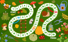 Board Game With Gnome Items, Autumn Leaves And Garden Tools. Kids Vector Step Boardgame Worksheet With Watering Can, Mushrooms, Snail And Ladder. Moth, Lantern, Cutters, Veggies, Frog And Butterfly