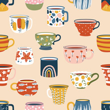 Ceramic Coffee Cups And Tea Mugs, Kitchen Crockery Seamless Pattern. Vector Background Of Vintage Scandinavian Pottery With Cozy Ornaments, Hearts, Dots, Stripes And Flowers. Cafe Kitchenware Backdrop