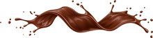 Realistic Liquid Brown Chocolate Wave Splash. Isolated 3d Vector Delicious Treat For The Senses, Rich And Velvety With A Burst Of Cocoa Goodness. Brown Choco Swirl With Drops, Irresistible Indulgence