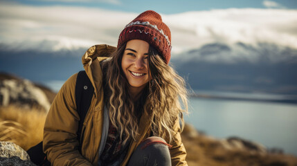 Wall Mural - beautiful tourist woman enjoying the view. camper woman with  mountain and lake view background
