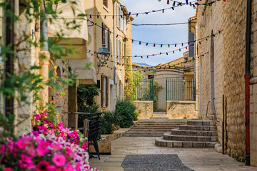 Wall Mural - Traditional old stone houses on a street seen through the flowers in the medieval town of Saint Paul de Vence, French Riviera, South of France