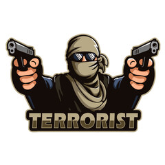 Wall Mural - masked terrorist holds pistols in both hands, vector, logo, cartoon, mascot, character, illustration