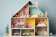 Fancy Doll House Interior, Children Toy, Lots Of Pink Plastic, Pastel Colors, Kitchen