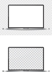 Realistic grey laptop or notebook mockup. Modern office device. 3D vector object with dropped shadow