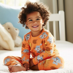 Happy cute adorable toddler boy, sweet 3 year old kid in pajamas sitting on bed after nap sleep