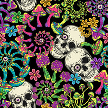 Pattern With Human Skull, Colorful Mushrooms, Chamomiles, Purple Eyeballs. Fractal, Spiral Ornament. Concept Of Madness And Craziness. Surreal Illustration For Groovy, Mystical, Psychedelic Design