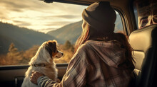 Backside Of Female Tourists Sit In A Van With Dog, With Mountain And Lakes View. Sunlight And Bokeh.
