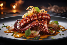 Grilled Octopus On Black Plate. Traditional Mediterranean Dish
