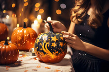 A Woman Decorating A Pumpkin With Paint And Glitter
