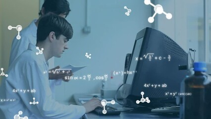 Poster - Animation of molecules and mathematical equations over caucasian scientists using computer in lab