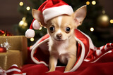 Fototapeta Sypialnia - chihuahua puppy in santa claus hat and wrap with a present wrap with Chrismas tree background
