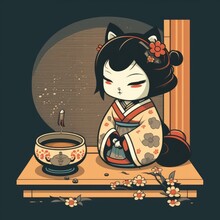 Japanese Tea Ceremony Chibi Cat Geisha Ai Generate